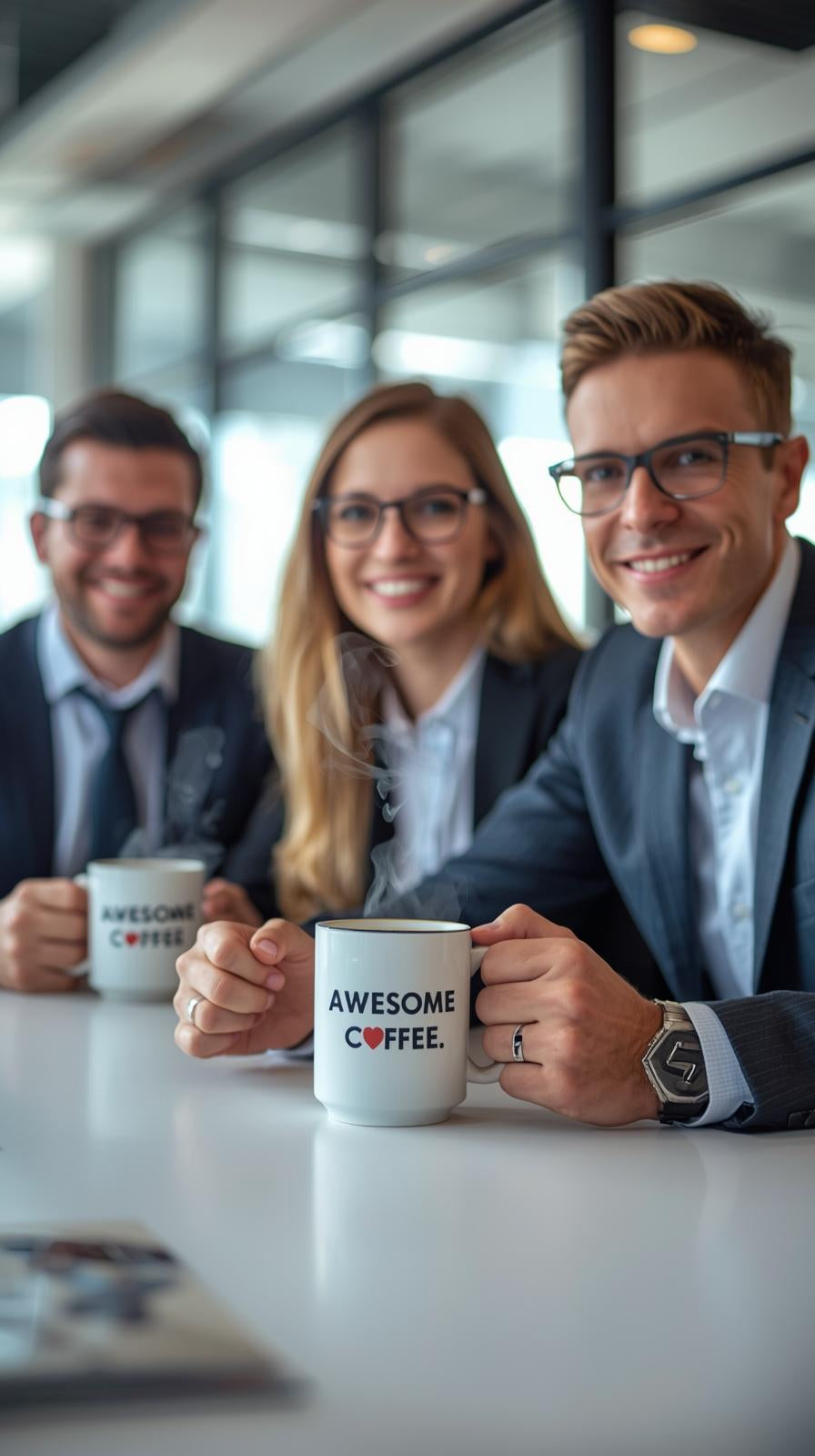 Three colleagues smiling with Awesome Coffee mugs in a bright office