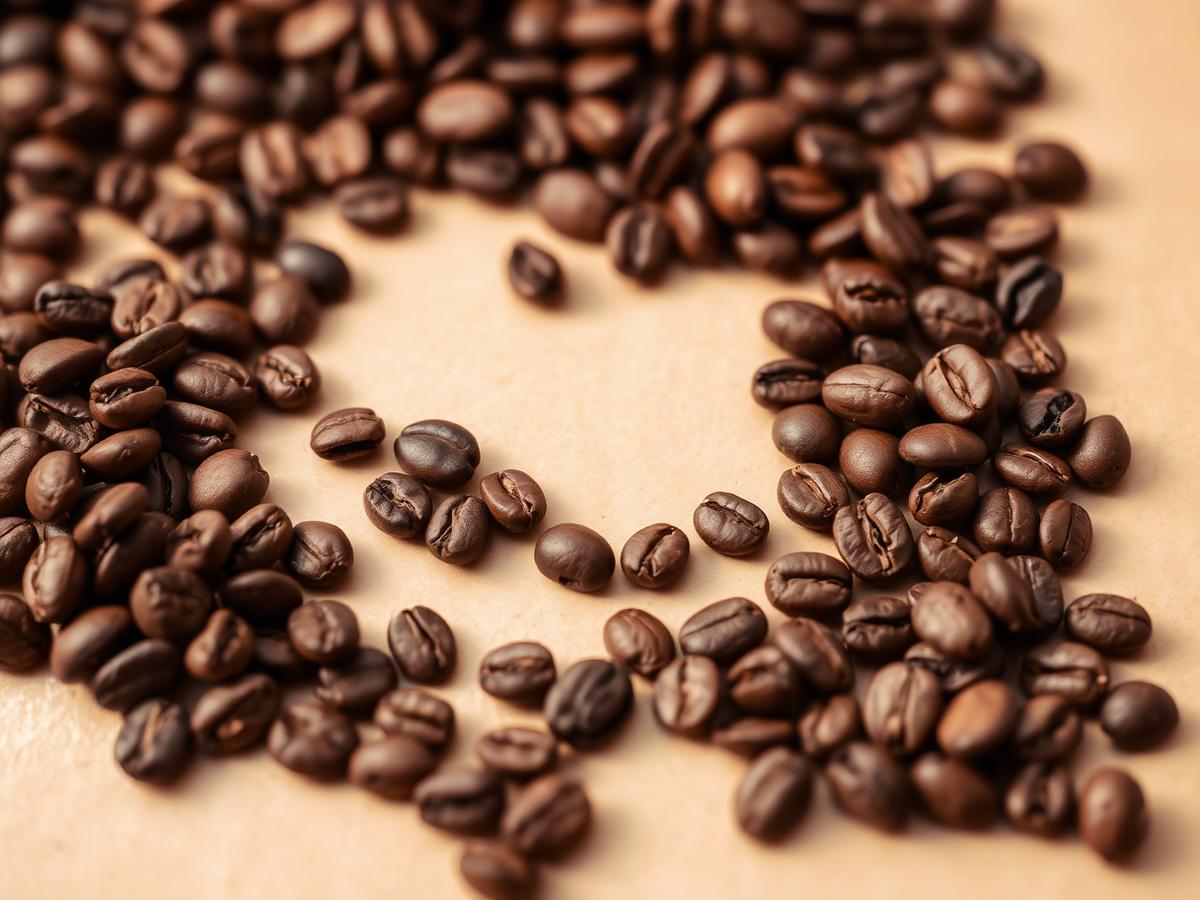 Freshly roasted coffee beans on a cream surface