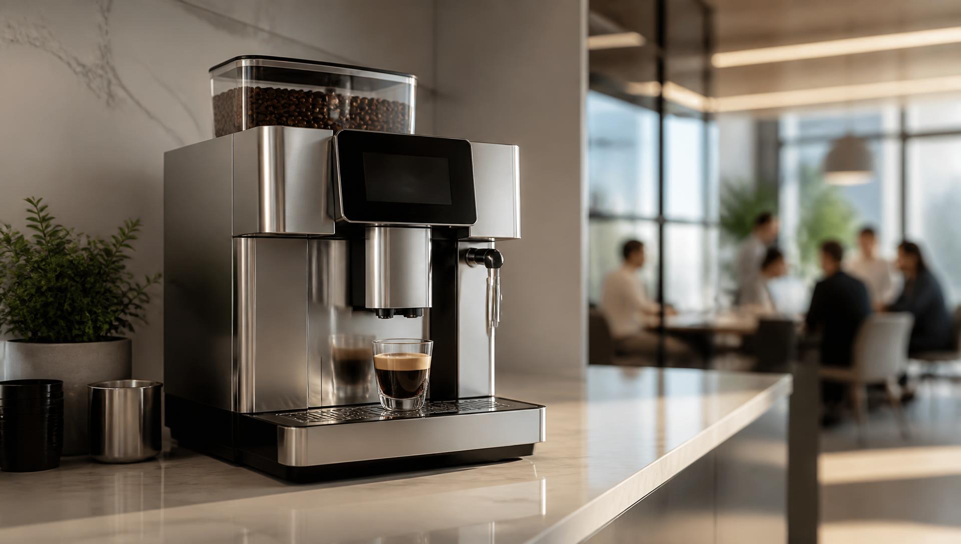 Stainless steel bean-to-cup espresso machine pouring a latte in a bright office kitchen